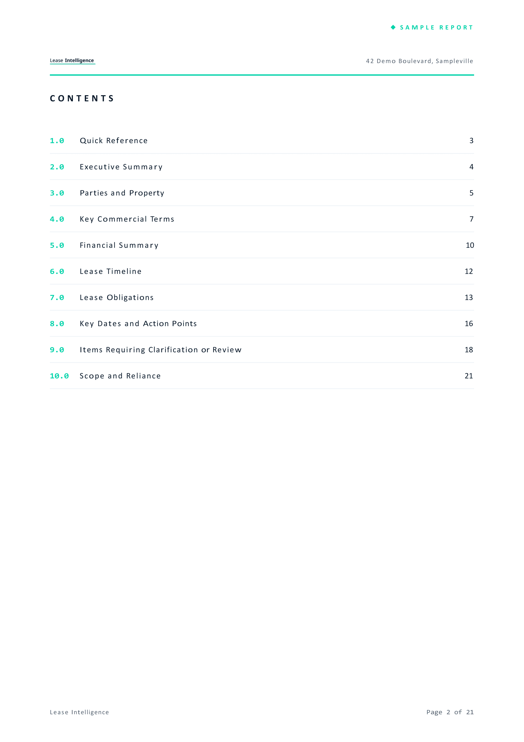 Report table of contents showing 10 sections